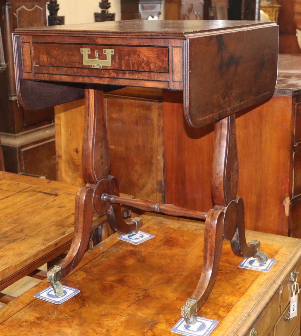 A Regency mahogany drop flap games table, with backgammon interior, W.48cm, D.56cm, H.72cm